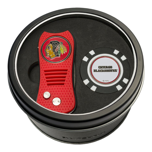 Chicago Blackhawks Switchblade Divot Tool + Golf Chip Tin Gift Set