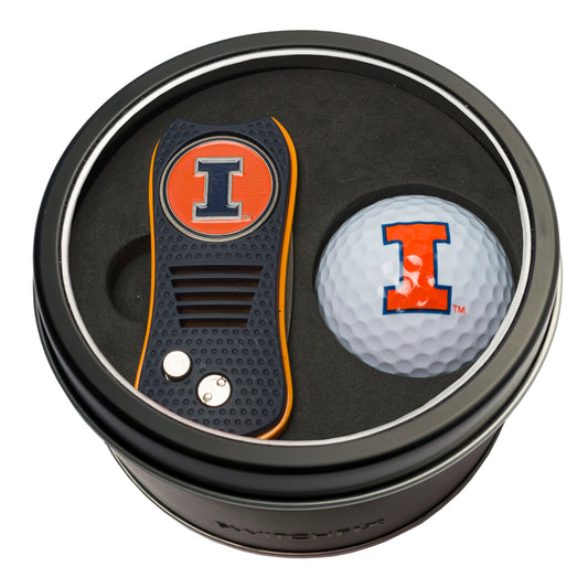 Illinois Switchblade Divot Tool + Golf Ball Tin Gift Set