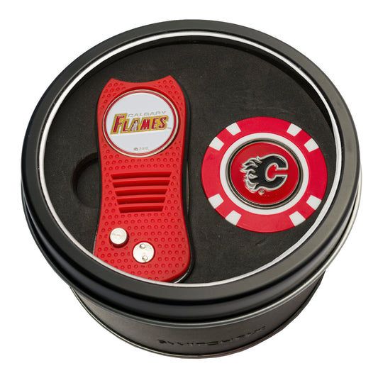 Calgary Flames Switchblade Divot Tool + Golf Chip Tin Gift Set