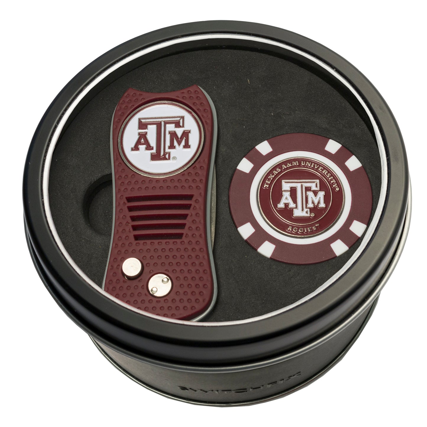 Texas A&M Switchblade Divot Tool + Golf Chip Tin Gift Set