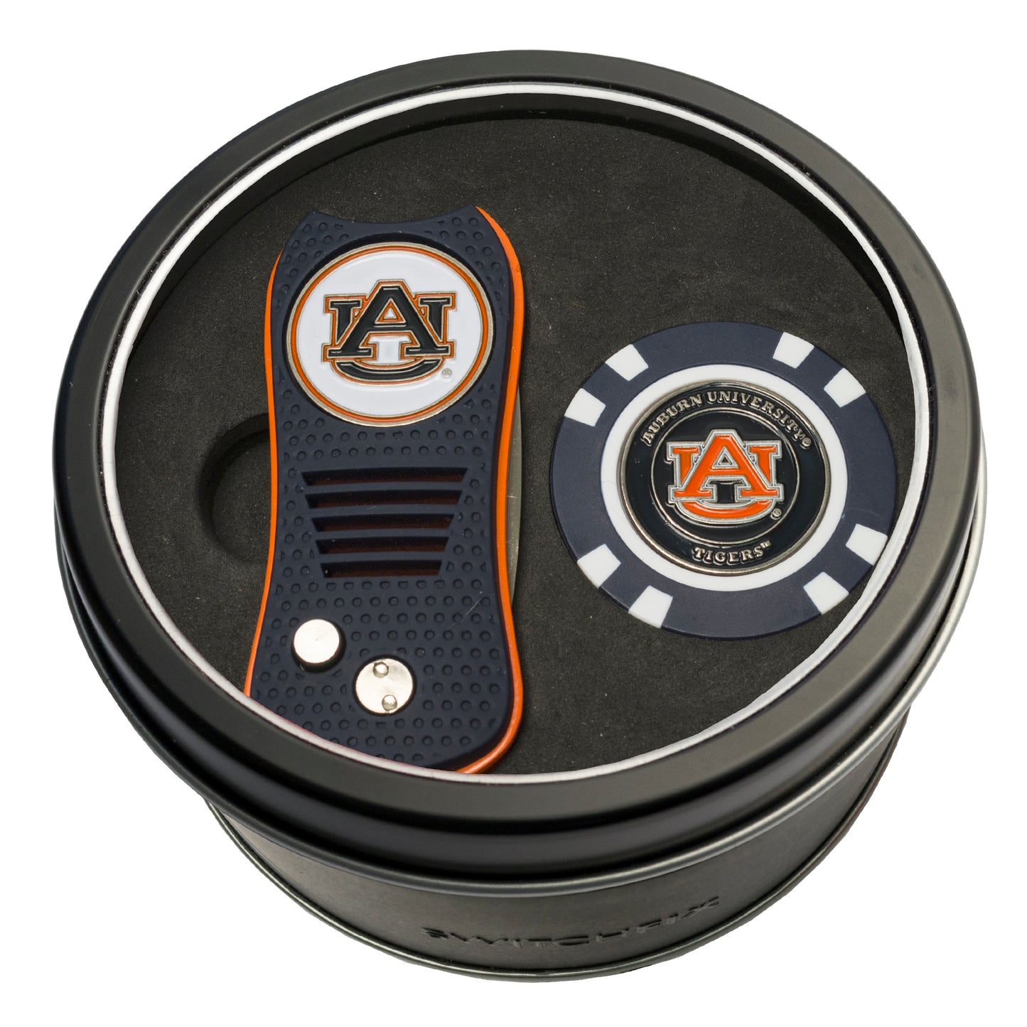 Auburn Switchblade Divot Tool + Golf Chip Tin Gift Set