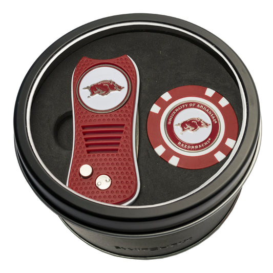 Arkansas Switchblade Divot Tool + Golf Chip Tin Gift Set