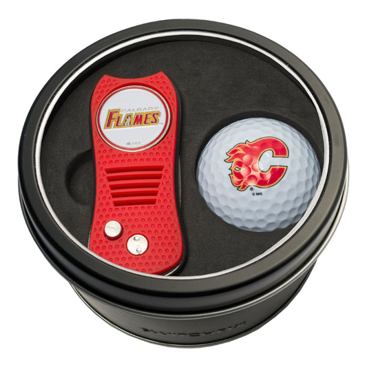 Calgary Flames Switchblade Divot Tool + Golf Ball Tin Gift Set