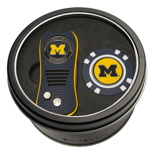 Michigan Switchblade Divot Tool + Golf Chip Tin Gift Set