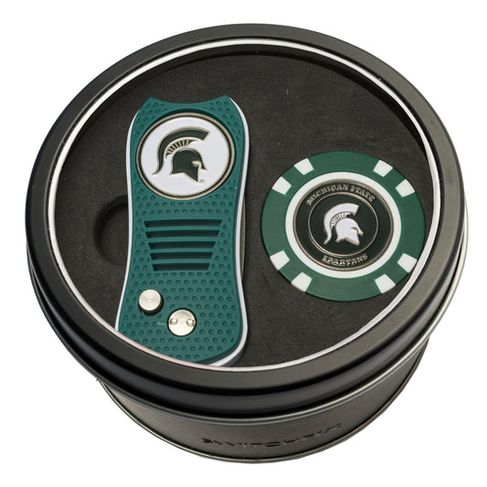 Michigan State Switchblade Divot Tool + Golf Chip Tin Gift Set