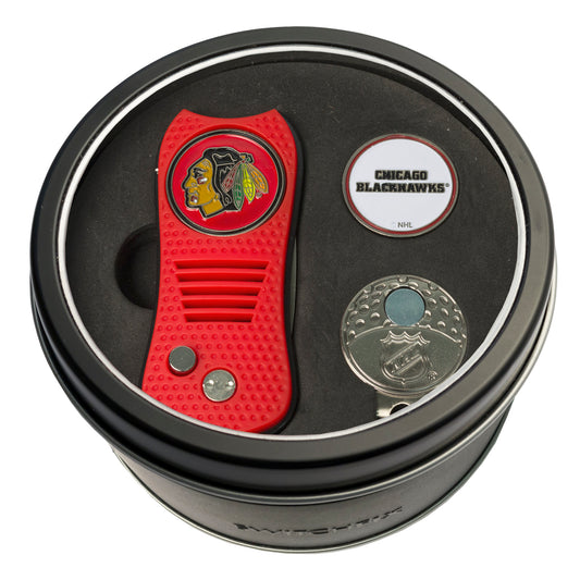 Chicago Blackhawks Switchblade Divot Tool + Cap Clip + Ball Marker Tin Gift Set