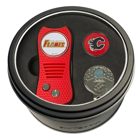 Calgary Flames Switchblade Divot Tool + Cap Clip + Ball Marker Tin Gift Set