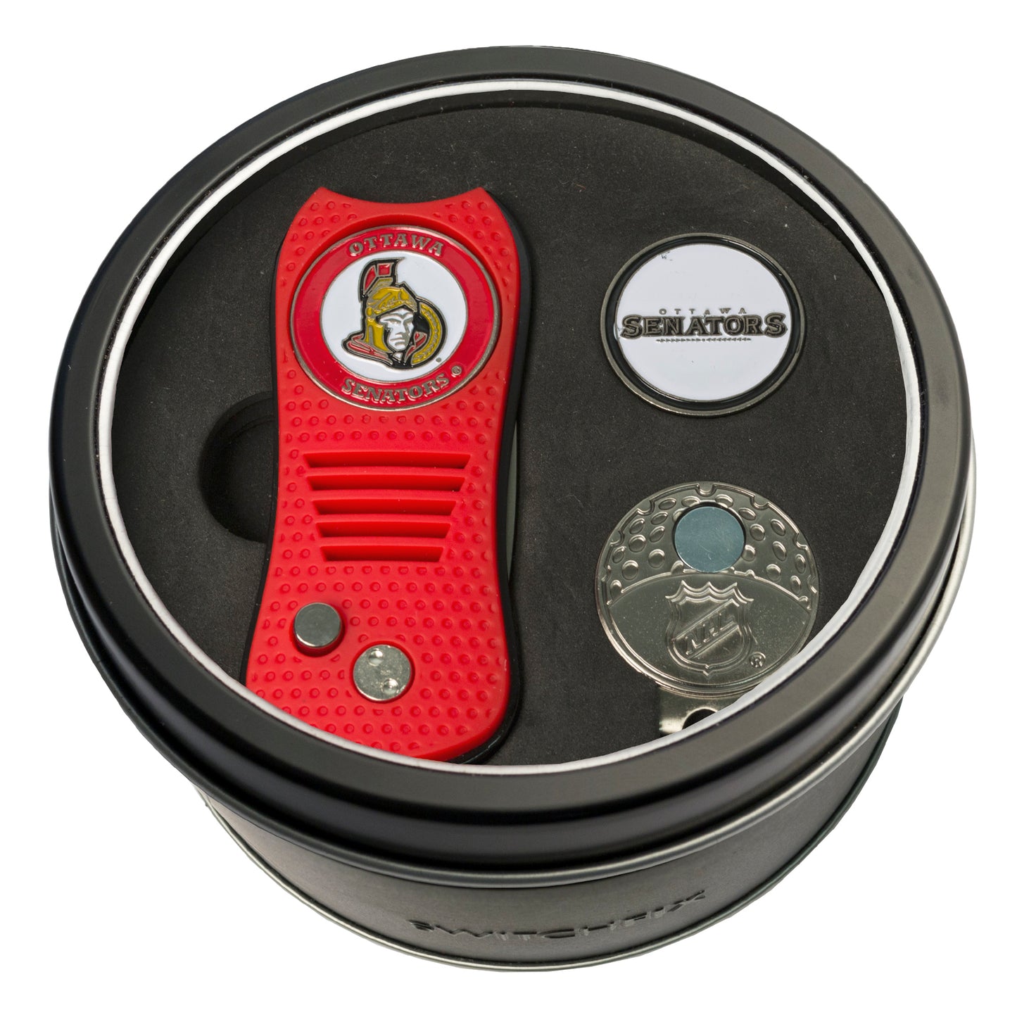 Ottawa Senators Switchblade Divot Tool + Cap Clip + Ball Marker Tin Gift Set