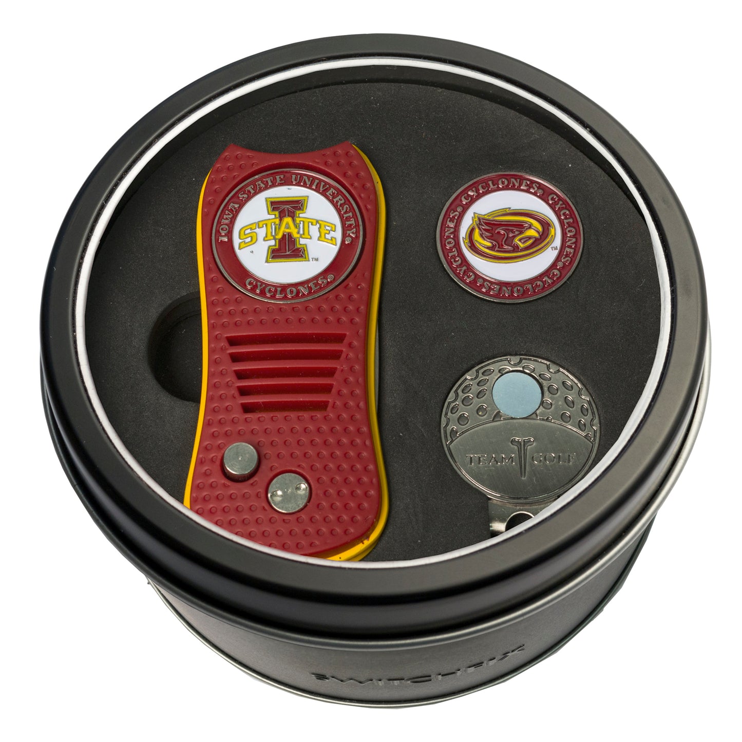 Iowa State Switchblade Divot Tool + Cap Clip + Ball Marker Tin Gift Set