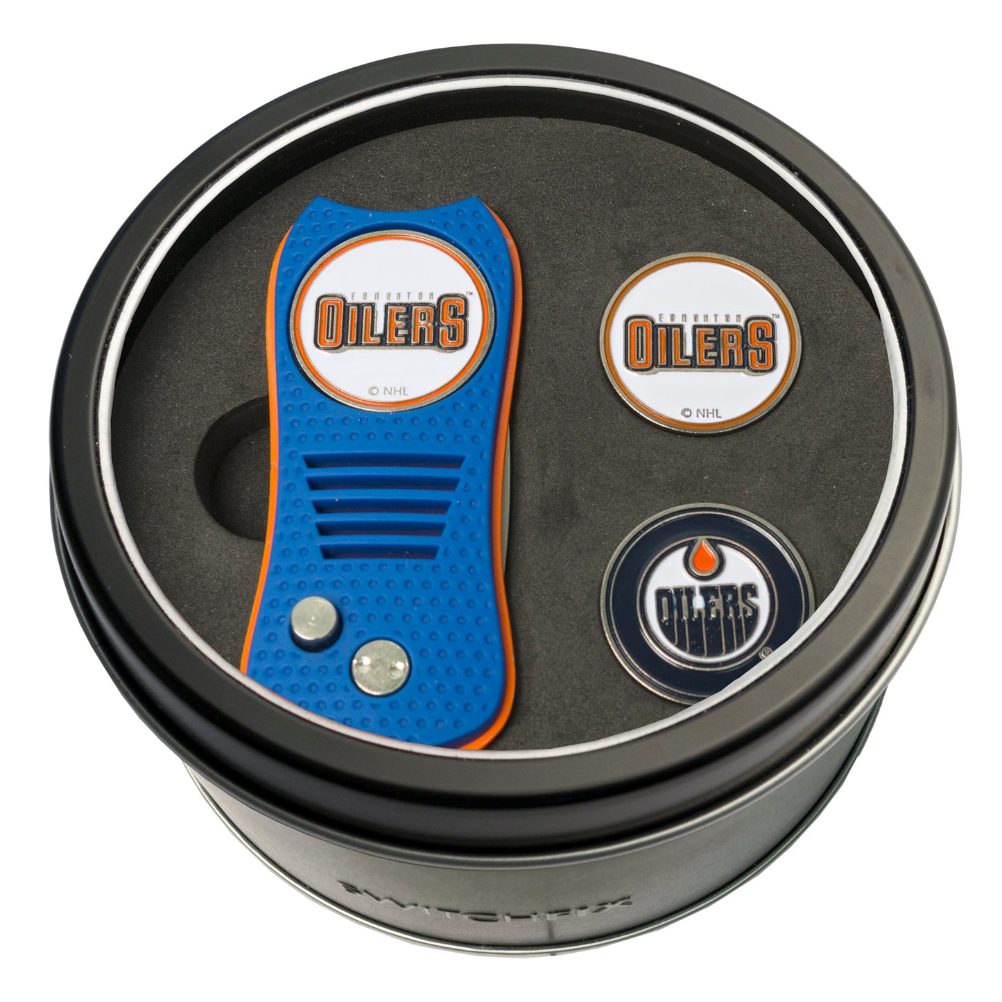 Edmonton Oilers Switchblade Divot Tool + 2 Ball Marker Tin Gift Set