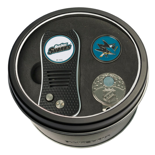 San Jose Sharks Switchblade Divot Tool + Cap Clip + Ball Marker Tin Gift Set