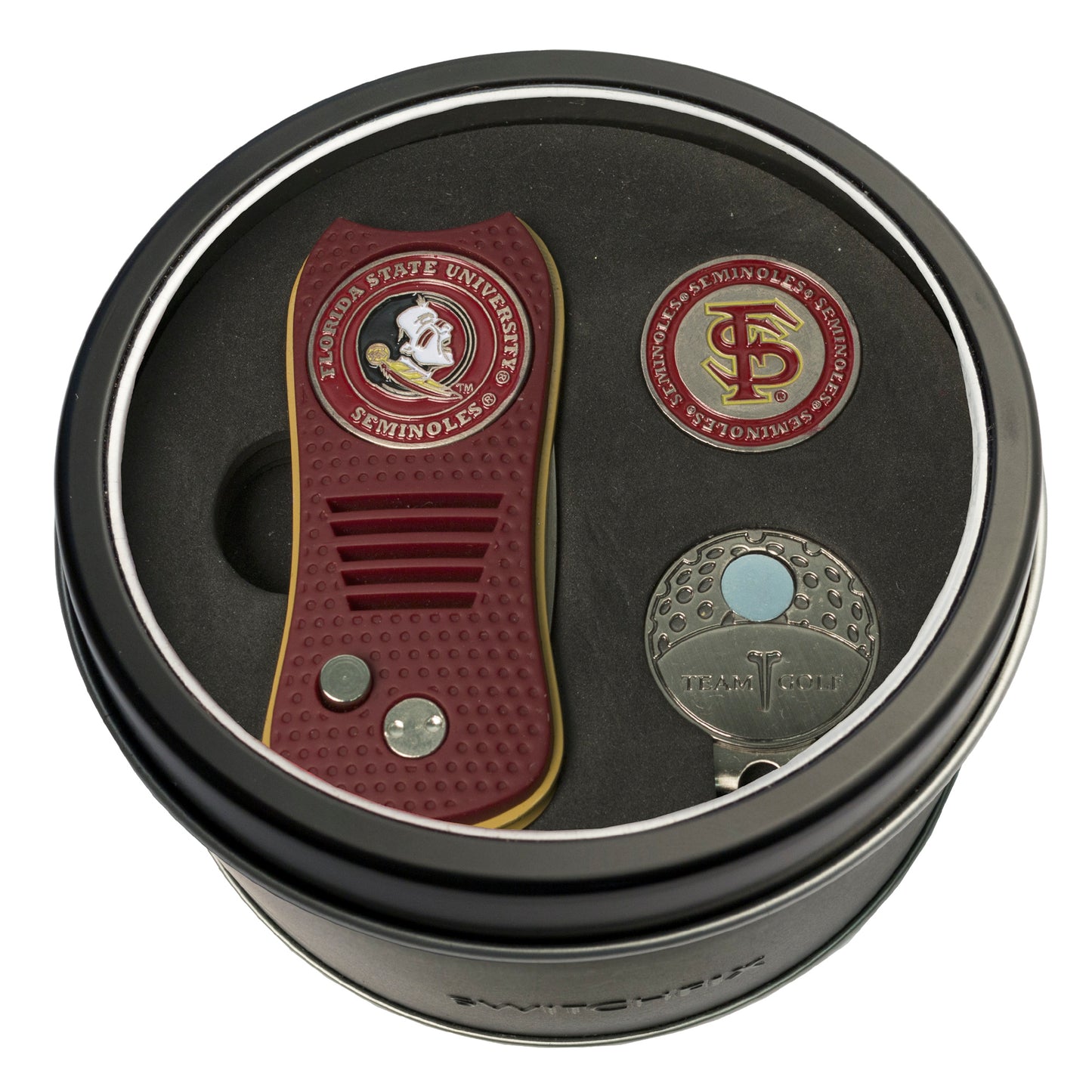 Florida State Switchblade Divot Tool + Cap Clip + Ball Marker Tin Gift Set