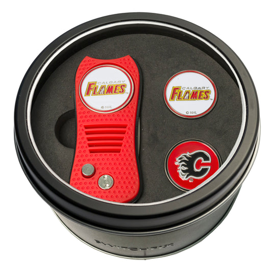 Calgary Flames Switchblade Divot Tool + 2 Ball Marker Tin Gift Set