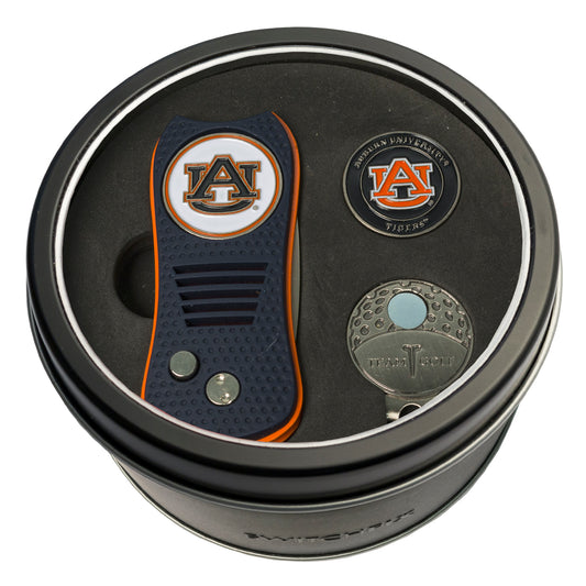 Auburn Switchblade Divot Tool + Cap Clip + Ball Marker Tin Gift Set