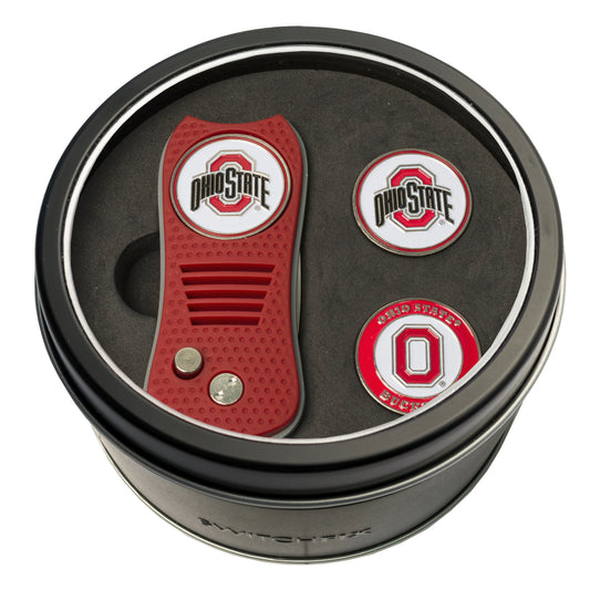 Ohio State Switchblade Divot Tool + 2 Ball Marker Tin Gift Set