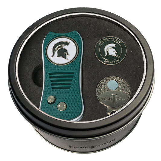 Michigan State Switchblade Divot Tool + Cap Clip + Ball Marker Tin Gift Set