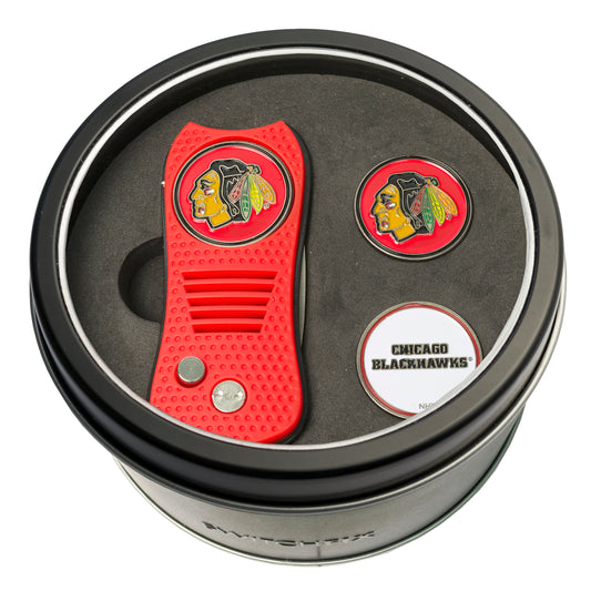 Chicago Blackhawks Switchblade Divot Tool + 2 Ball Marker Tin Gift Set