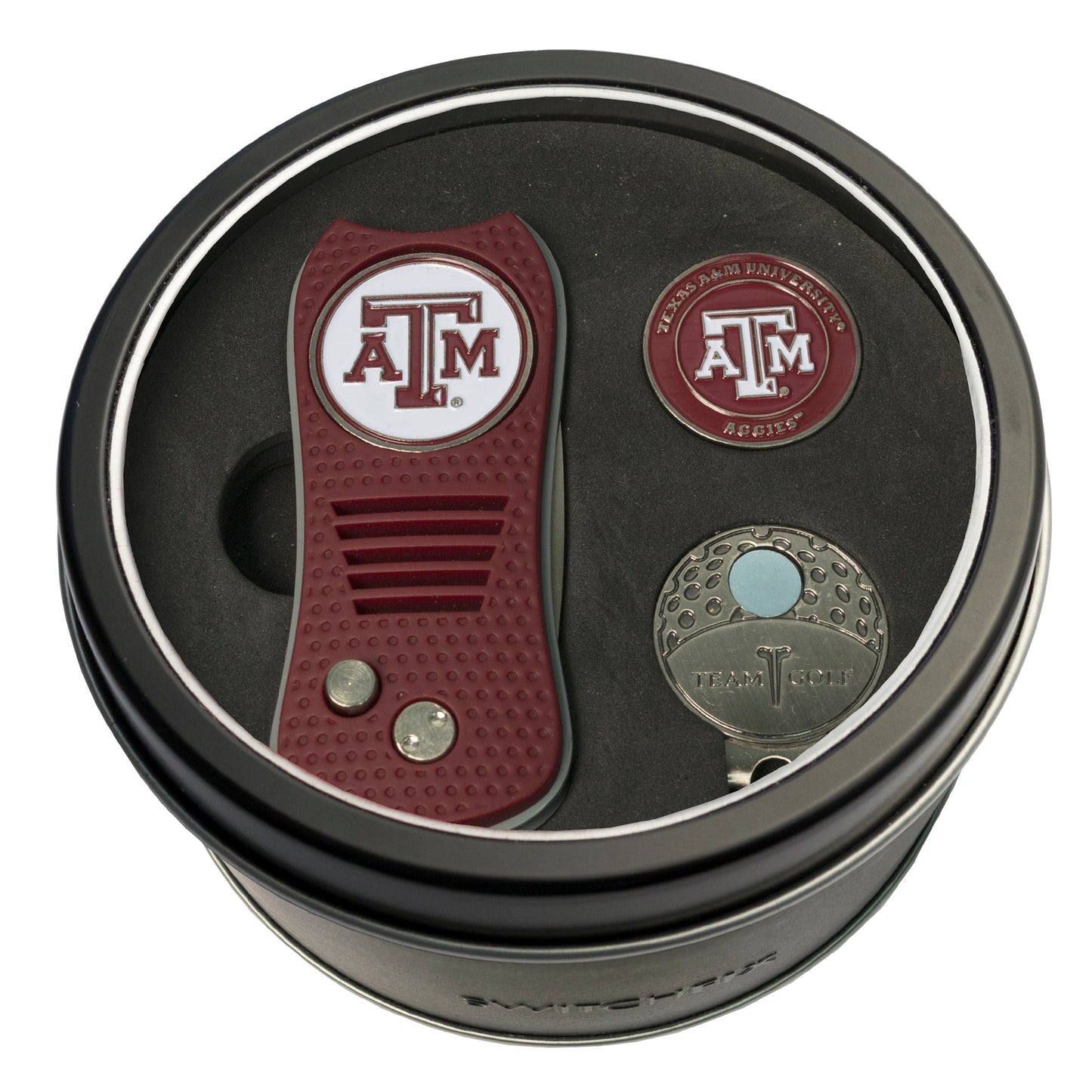 Texas A&M Switchblade Divot Tool + Cap Clip + Ball Marker Tin Gift Set