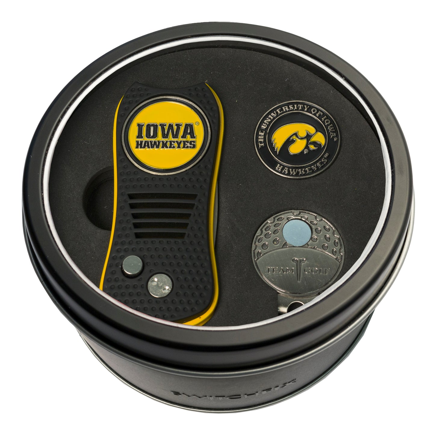 Iowa Hawkeyes Switchblade Divot Tool + Cap Clip + Ball Marker Tin Gift Set