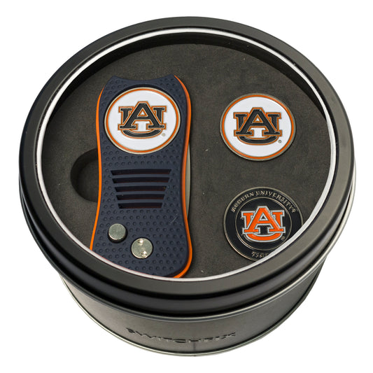 Auburn Switchblade Divot Tool + 2 Ball Marker Tin Gift Set