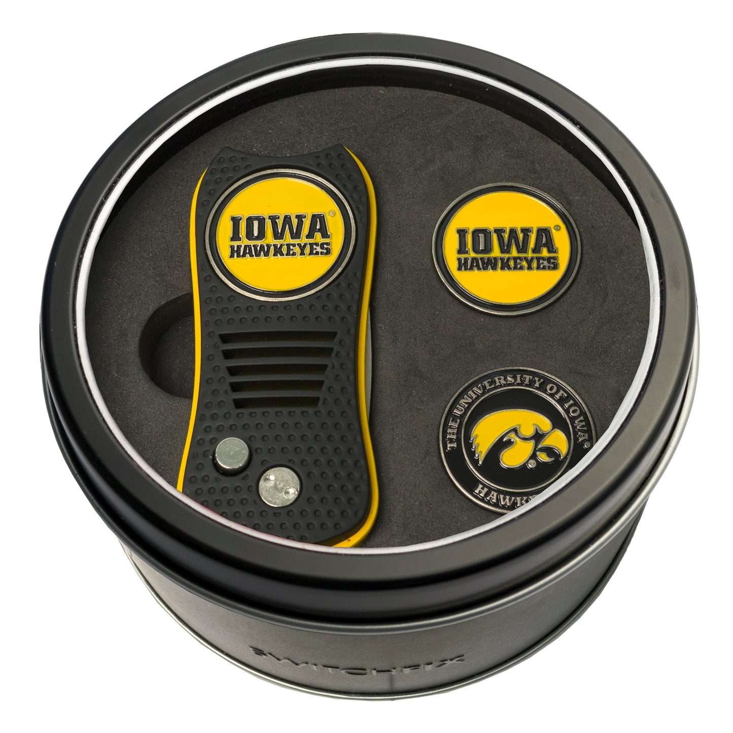 Iowa Switchblade Divot Tool + 2 Ball Marker Tin Gift Set