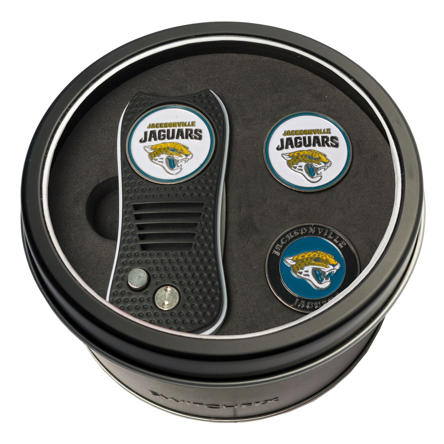 Jacksonville Jaguars Switchblade Divot Tool + 2 Ball Marker Tin Gift Set