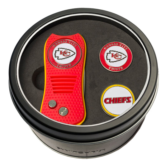 Kansas City Chiefs Switchblade Divot Tool + 2 Ball Marker Tin Gift Set