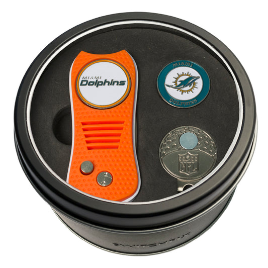 Miami Dolphins Switchblade Divot Tool + Cap Clip + Ball Marker Tin Gift Set