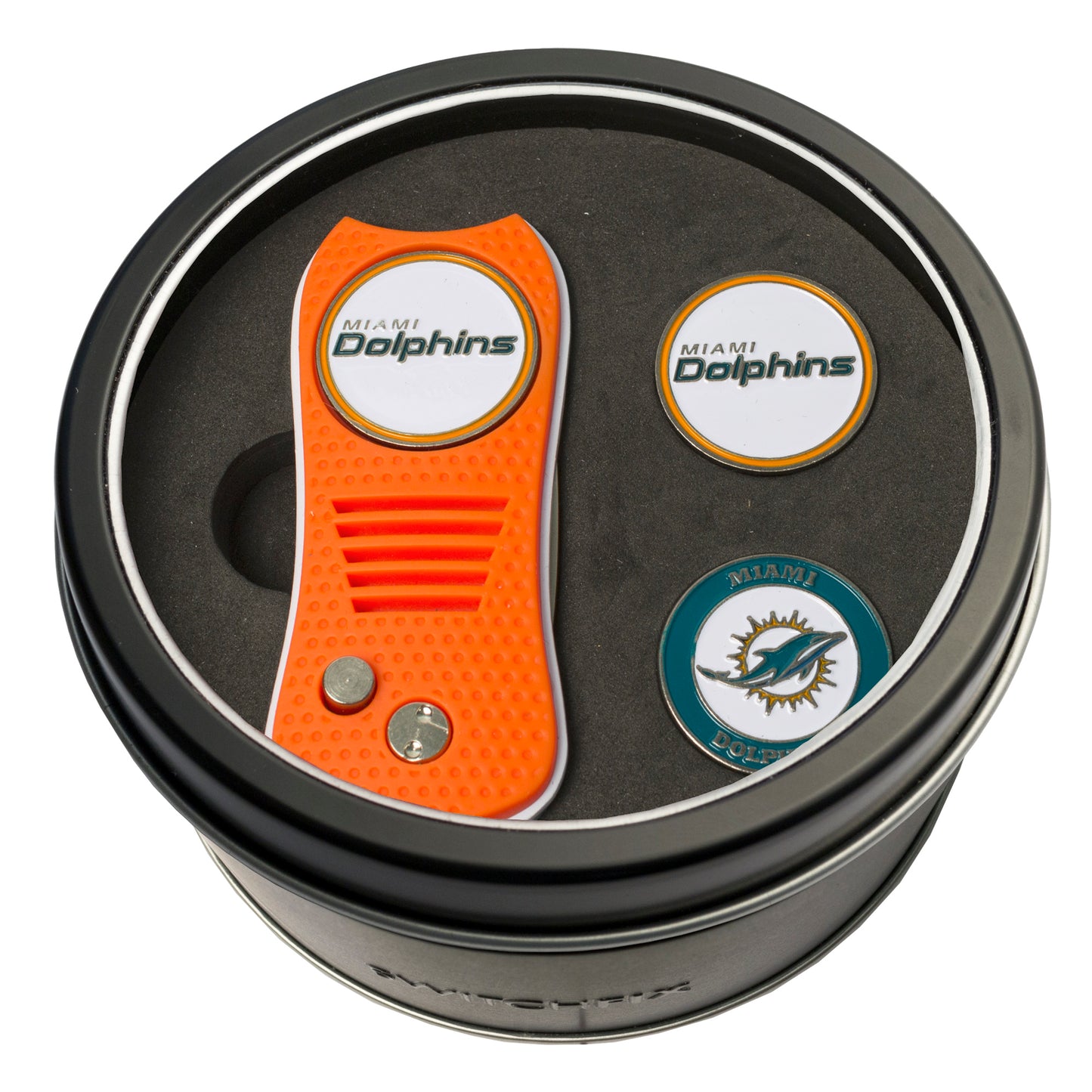 Miami Dolphins Switchblade Divot Tool + 2 Ball Marker Tin Gift Set