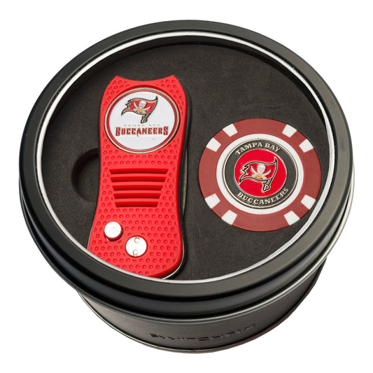 Tampa Bay Buccaneers Switchblade Divot Tool + Golf Chip Tin Gift Set