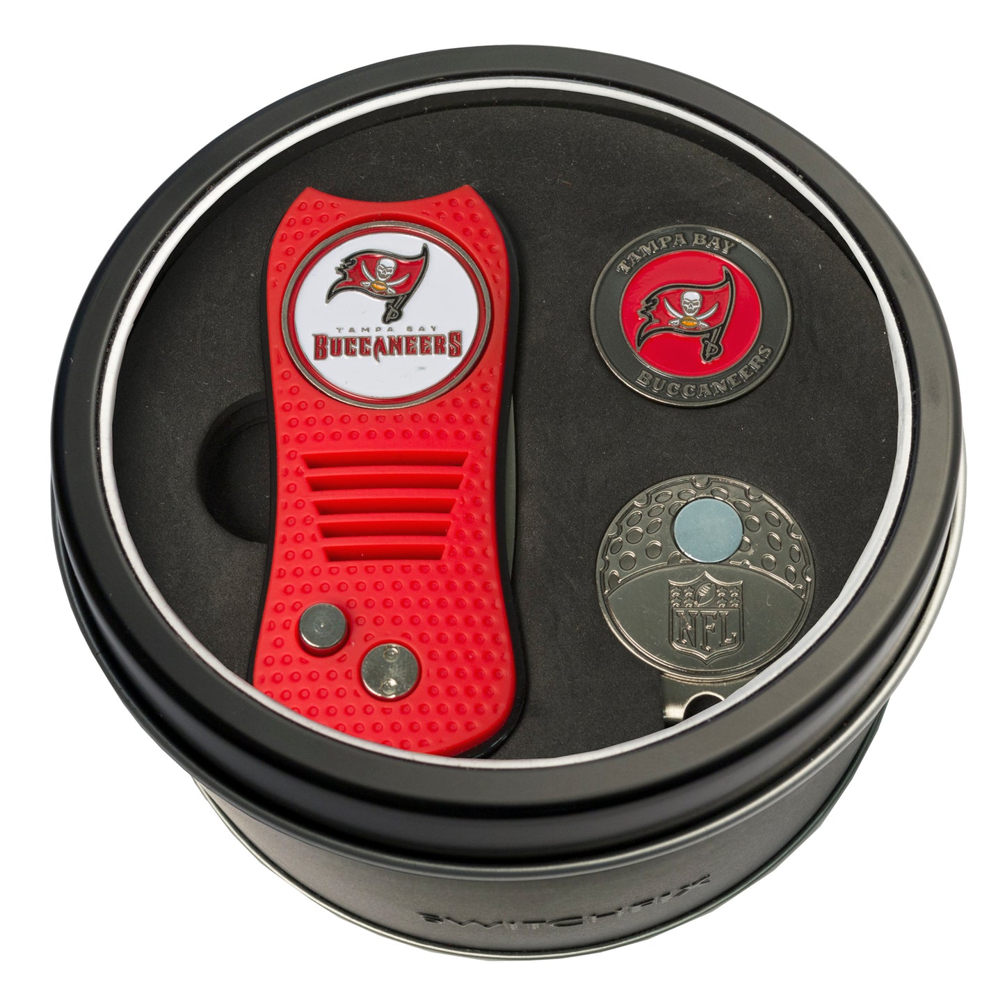 Tampa Bay Buccaneers Switchblade Divot Tool + Cap Clip + Ball Marker Tin Gift Set