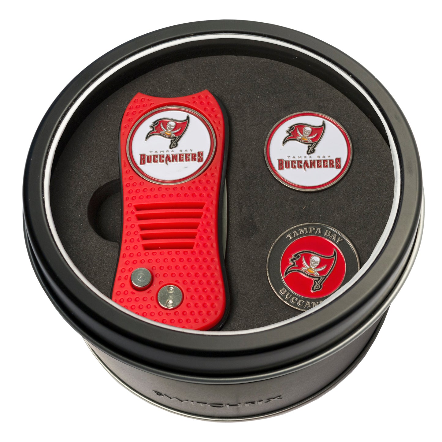 Tampa Bay Buccaneers Switchblade Divot Tool + 2 Ball Marker Tin Gift Set