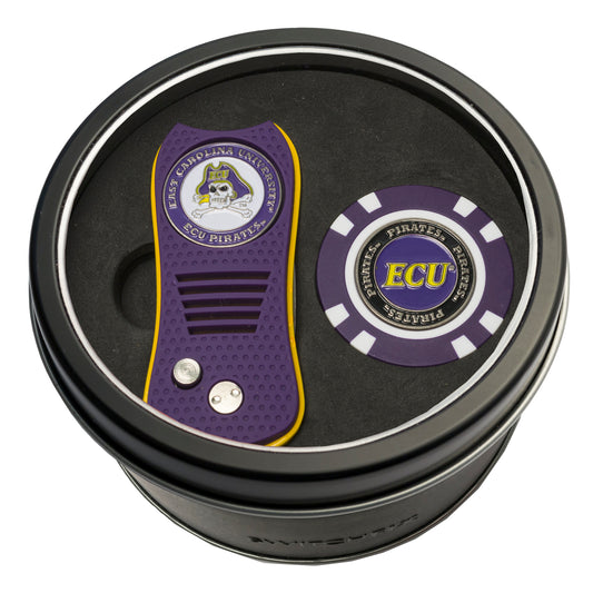 East Carolina Switchblade Divot Tool + Golf Chip Tin Gift Set