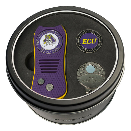 East Carolina Switchblade Divot Tool + Cap Clip + Ball Marker Tin Gift Set