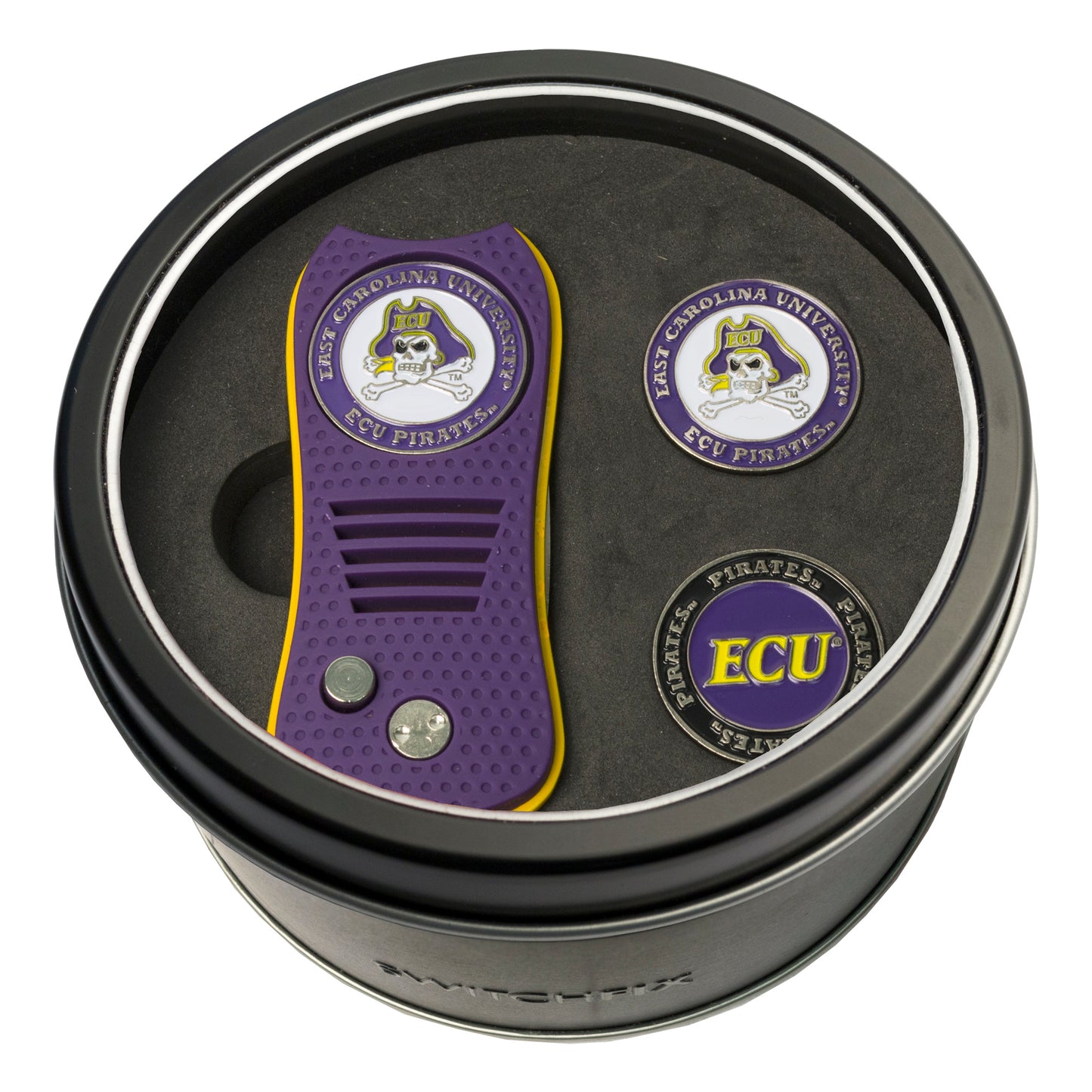 East Carolina Switchblade Divot Tool + 2 Ball Marker Tin Gift Set